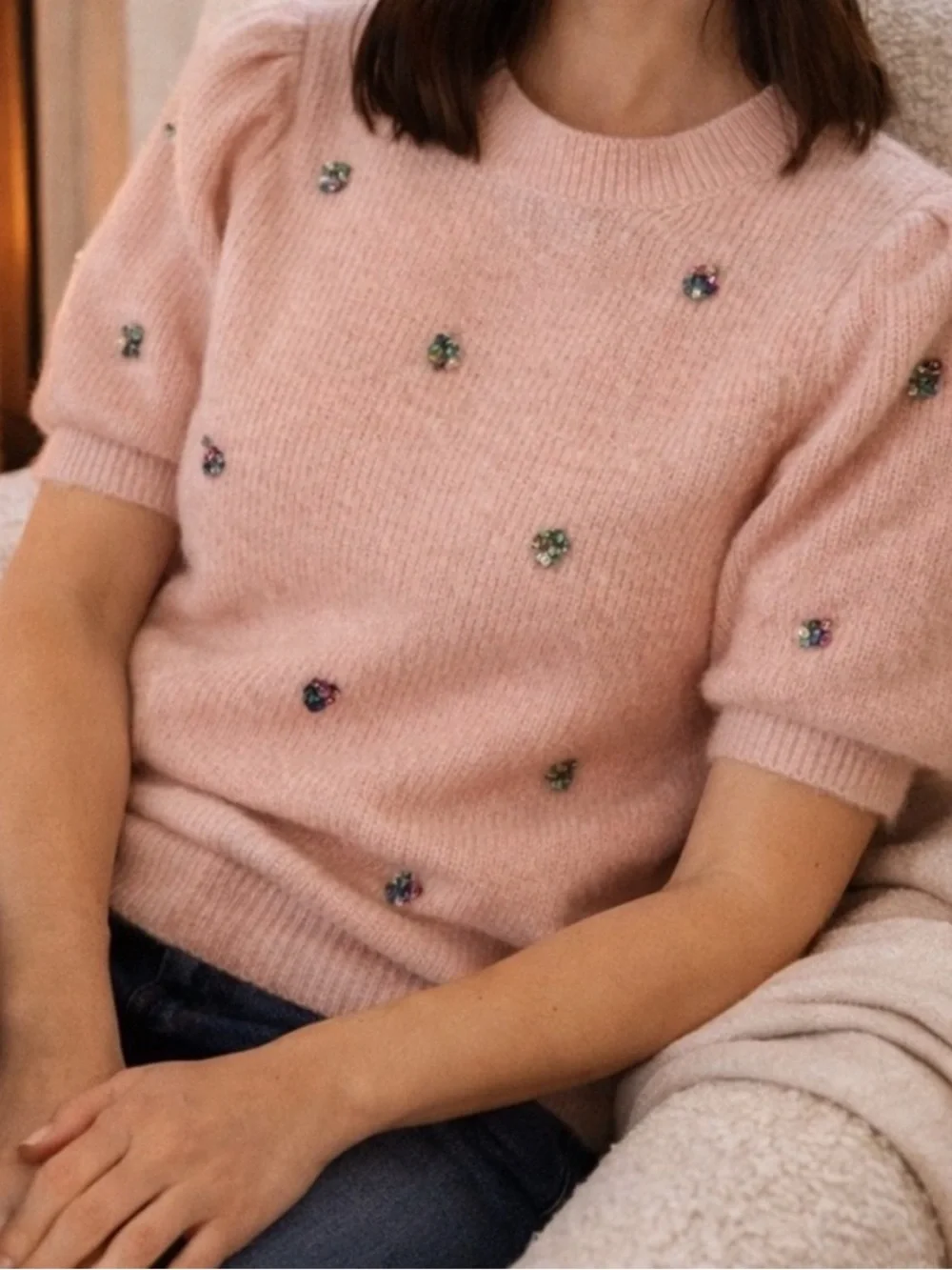 Boden Pink Short-Sleeve Embellished Knit Sweater